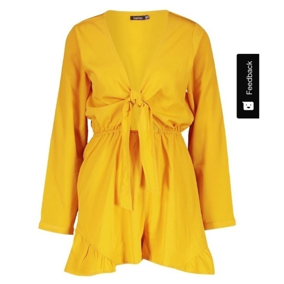 Yellow Tie Front Ruffle Hem Long Sleeve Romper Size 8 boho Y2K - Picture 2 of 5